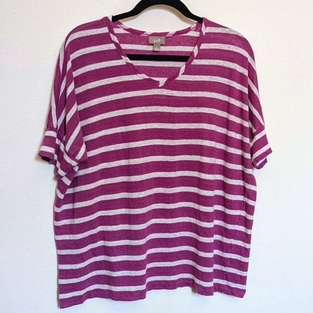 J.JILL Linen Euro Summer Short Sleeve Striped Shirt